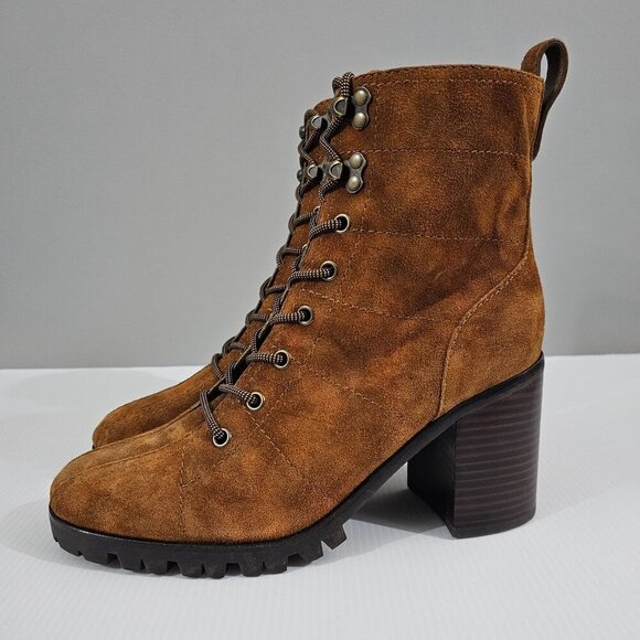NEW Paige Christie Ankle Boot Womens 8.5 Brown Suede Lace Up Heeled Lug Sole - Picture 1 of 15